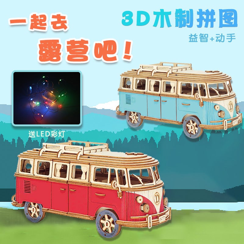 European-Style Wooden Puzzle Camper Wooden Car Model Children'S Hand-Assembled 3D Building Blocks Educational Toys - Image 3